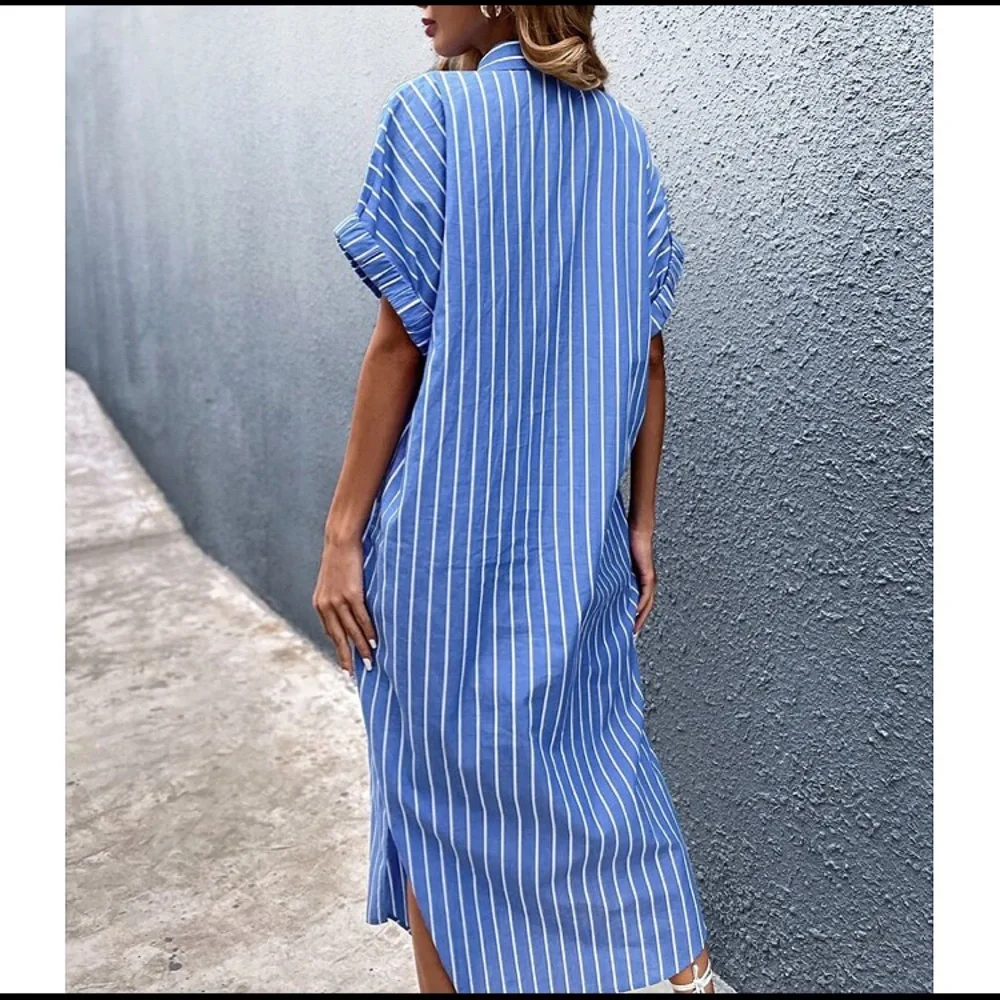 π BLUE WHITE STRIPE COLLARD SHIRT MAXI DRESS! - Picture 4 of 11